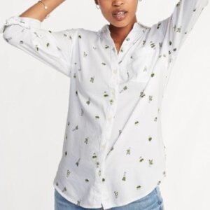 Old Navy White Green Cactus Print Button Down Shirt